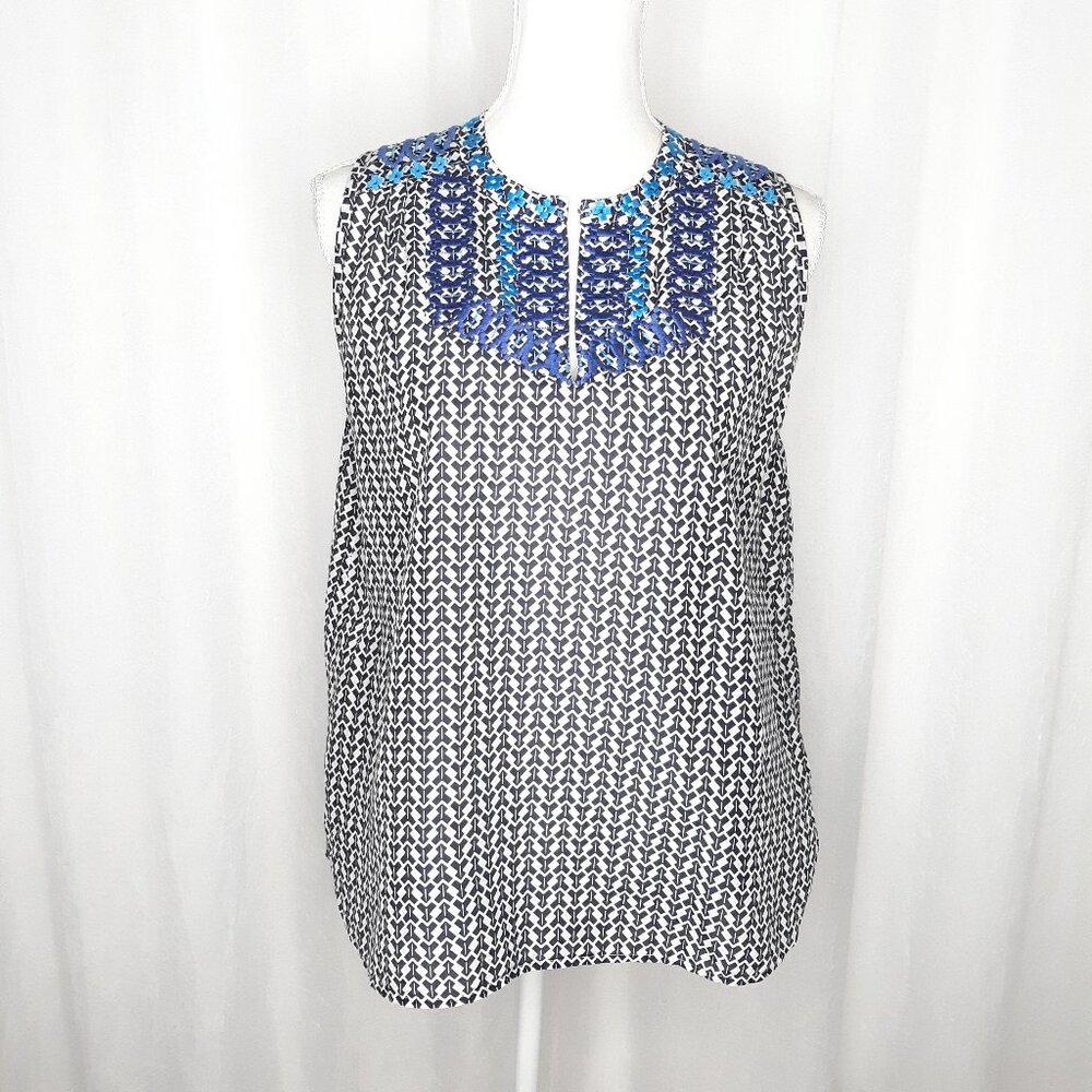 J. Crew Cotton and Silk Embroidered Geo Print Sleeveless Blouse